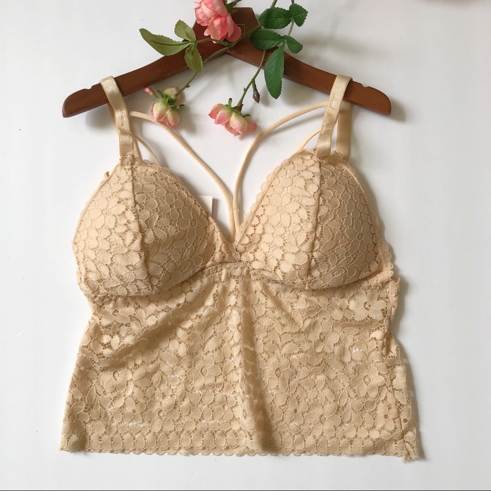 Beige padded lace bralette wire free bra